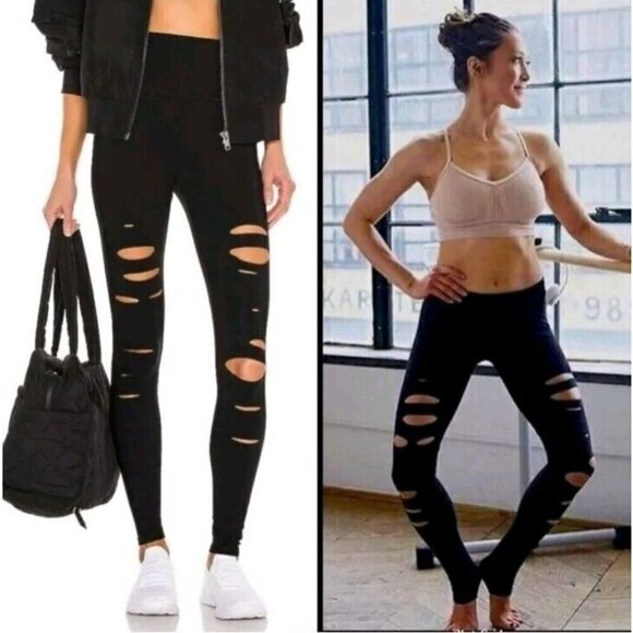 ALO Yoga Ripped Warrior Legging Black Women’s Size XS High Rise Activewear - Picture 1 of 12